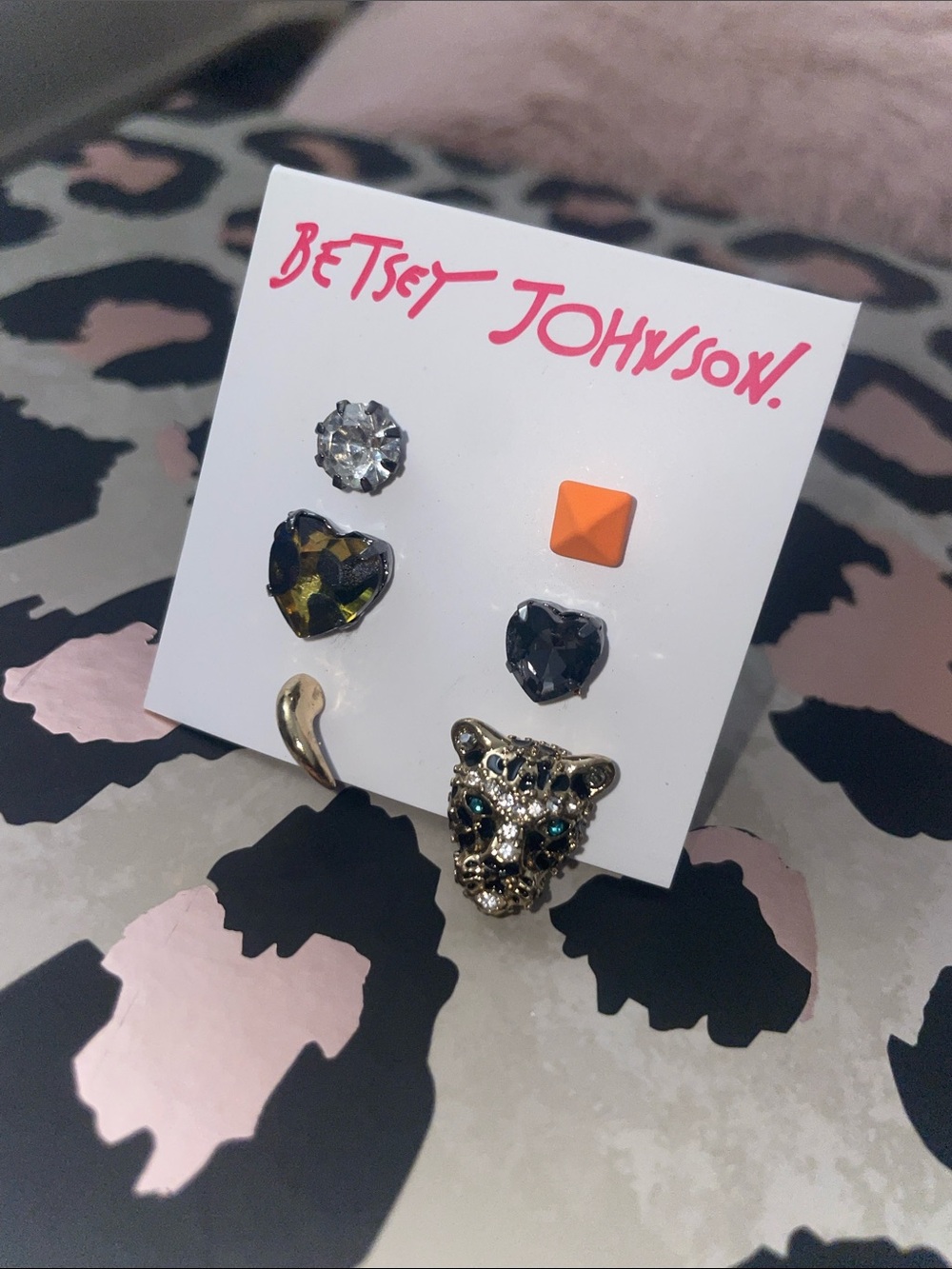 BETSEY JOHNSON Leopard Single Stud Earrings Set NWT